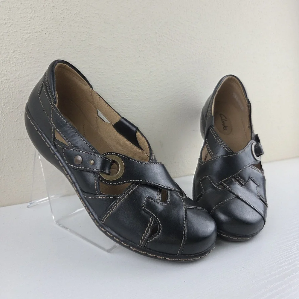 Clarks Ashland Spin Q Mary Jane Shoes Black Leather Cross Strap Womens Sz 6.5 M